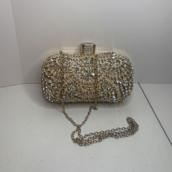 Designer Gold Jeweled Rhinestone Studded Evening Chain Clutch Purse Womens - Picture 1 of 8